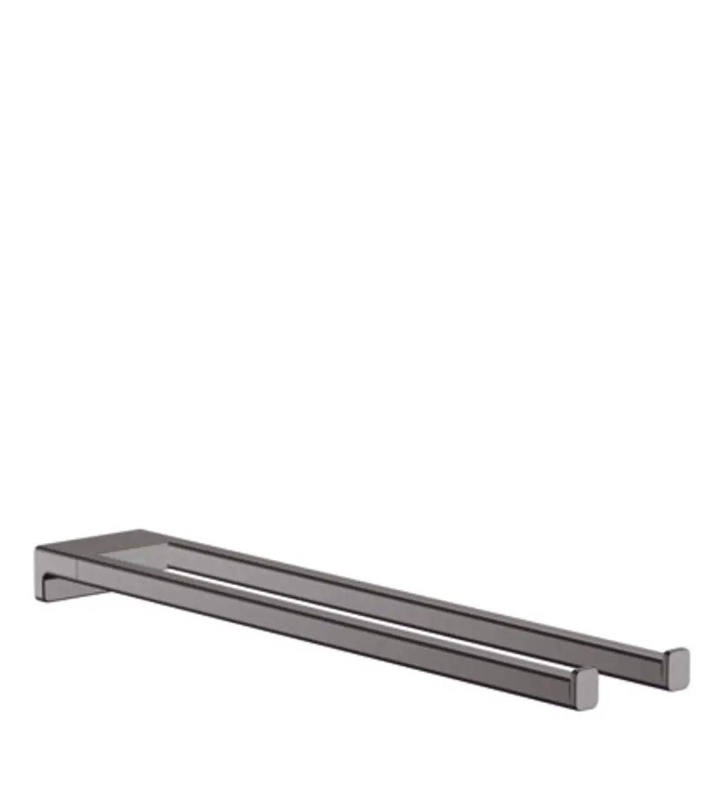 Zweiarmiger Handtuchhalter aus brushed black chrome von Hansgrohe, mit rechteckiger Form und flachen Enden, montiert an einer glatten Wand.